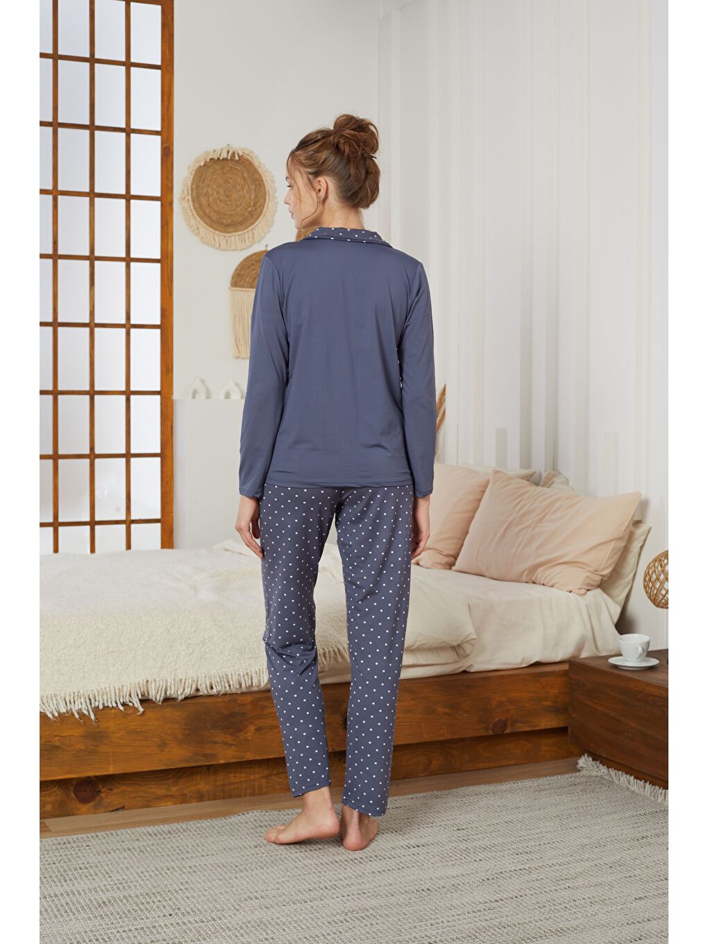 İndigo Puan Desenli Gömlek Yaka Düğmeli Milan Örme Pijama Takım25224010-2