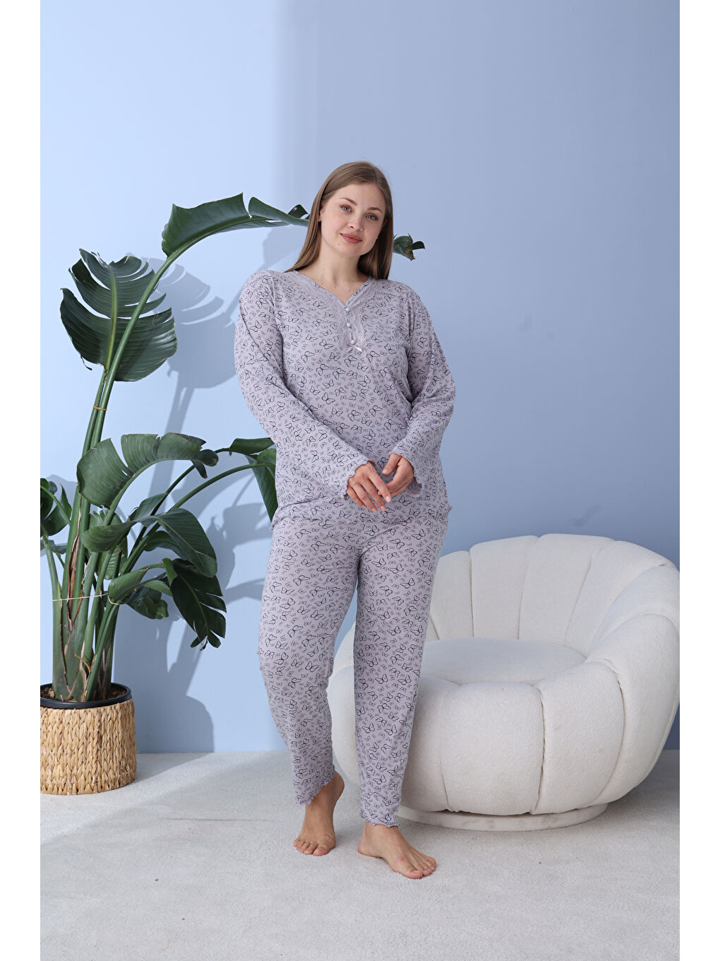 Gri %100 Pamuklu Mevsimlik Kumaş Büyük Beden Kadın Pijama Takımı 50160-1