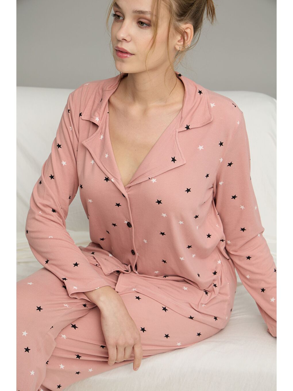 Pembe Pudra Yıldız Desenli Gömlek Yaka Düğmeli Milan Örme Pijama Takım25224013
