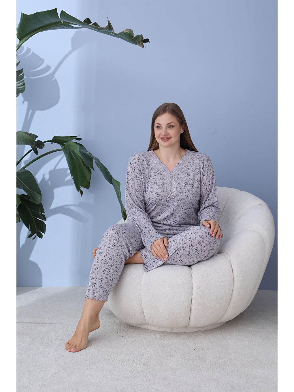 Gri %100 Pamuklu Mevsimlik Kumaş Büyük Beden Kadın Pijama Takımı 50160-2