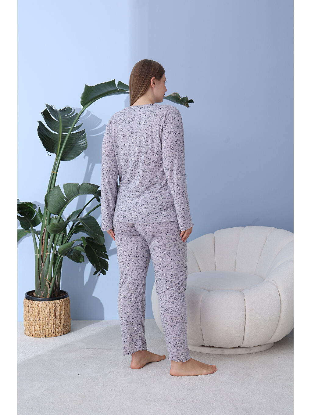 Gri %100 Pamuklu Mevsimlik Kumaş Büyük Beden Kadın Pijama Takımı 50160-3