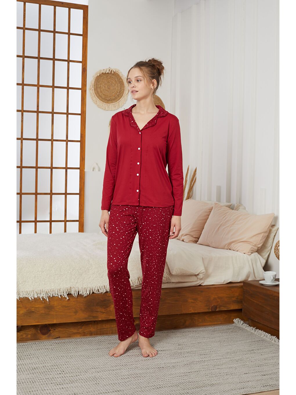 Bordo Yıldız Desenli Gömlek Yaka Düğmeli Milan Örme Pijama Takım25224012-1