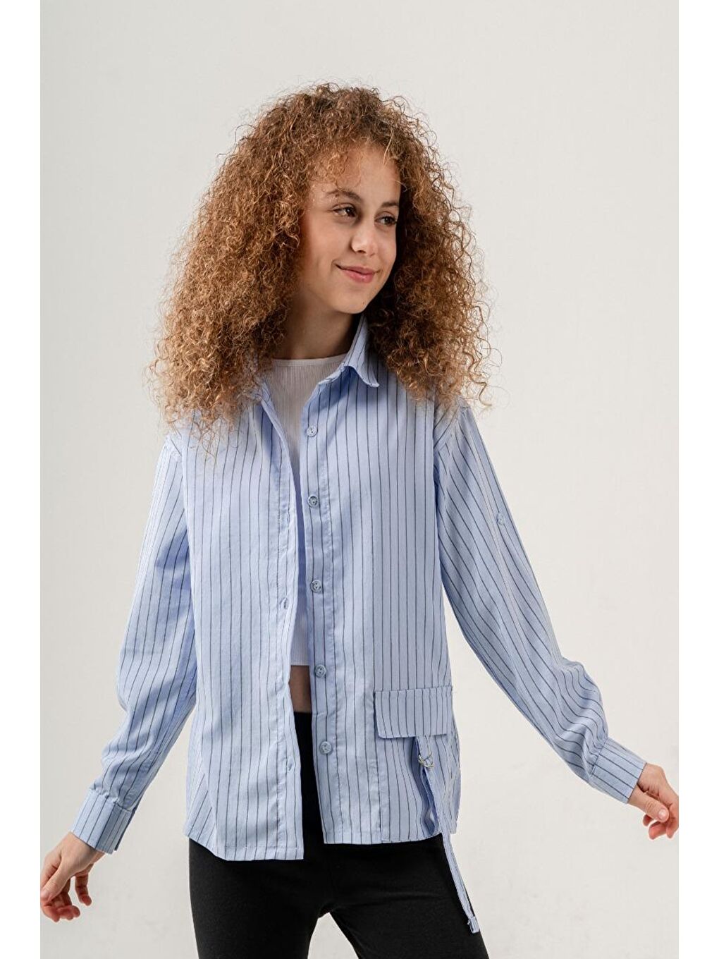 Mavi Kız Çocuk Çizgi Desenli Cep Kemerli Gömlek P1037-1