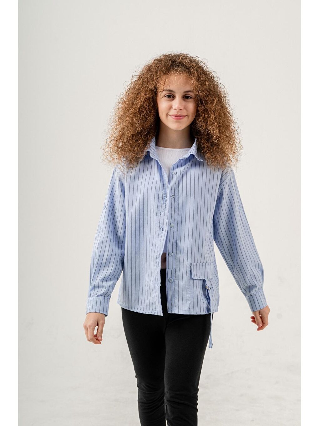 Mavi Kız Çocuk Çizgi Desenli Cep Kemerli Gömlek P1037-2