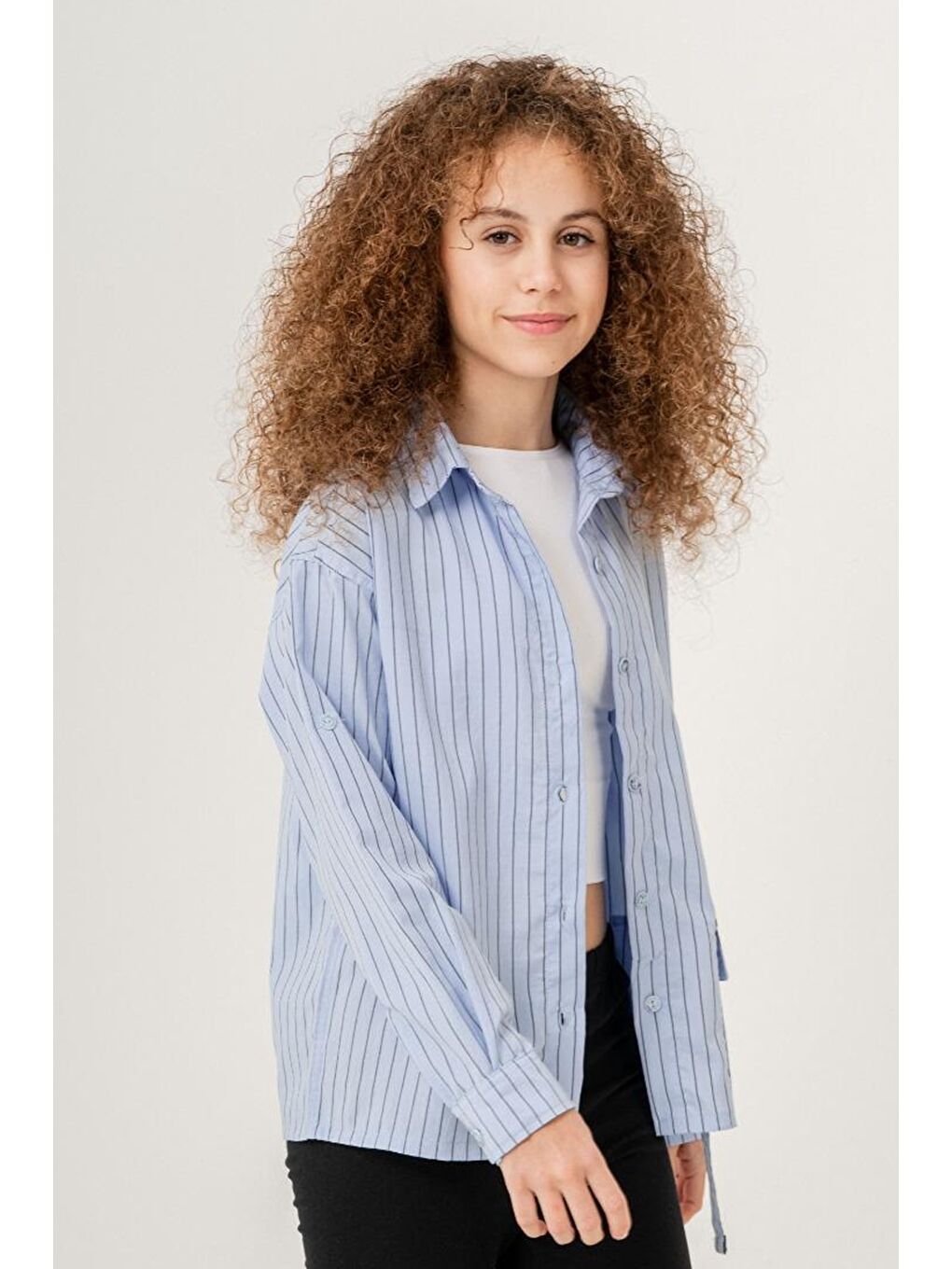 Mavi Kız Çocuk Çizgi Desenli Cep Kemerli Gömlek P1037-3