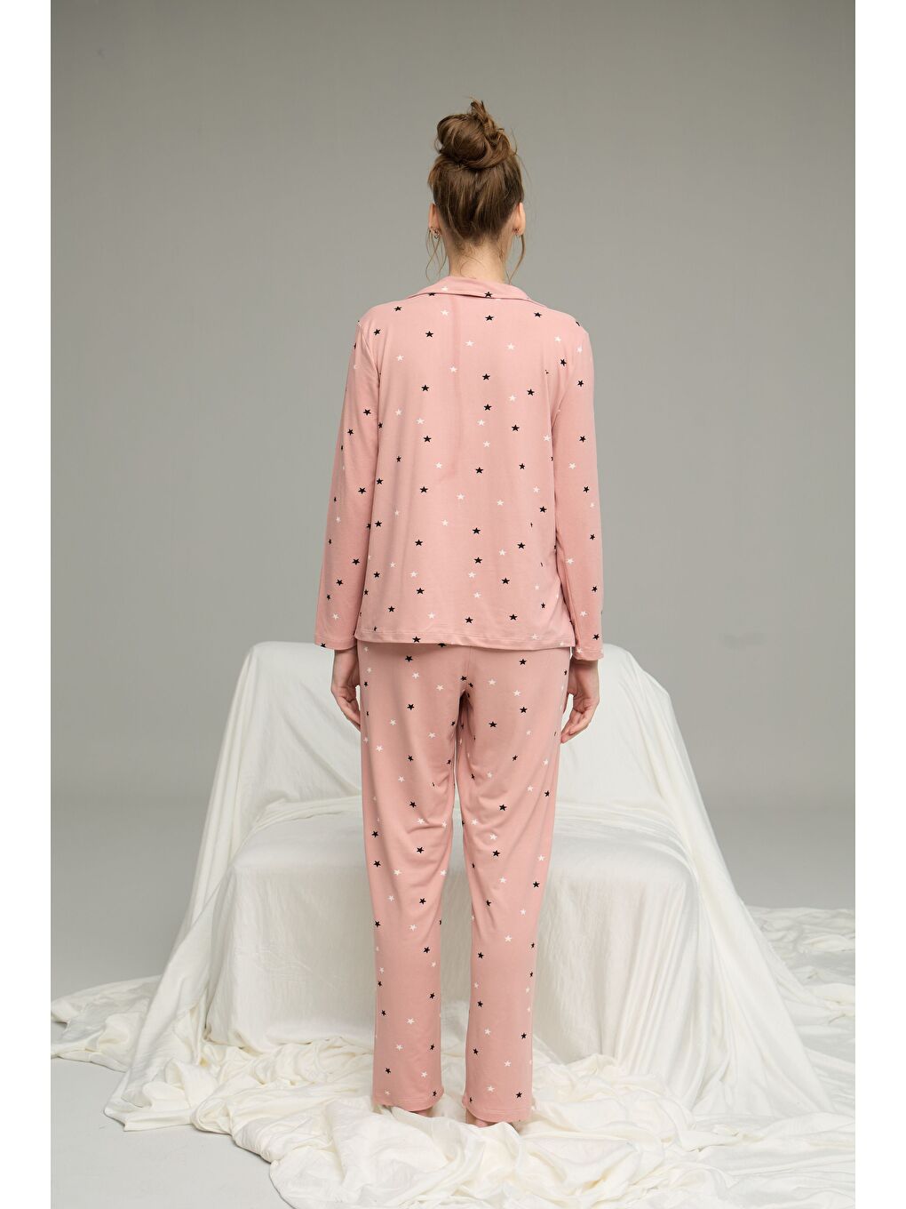Pembe Pudra Yıldız Desenli Gömlek Yaka Düğmeli Milan Örme Pijama Takım25224013-2