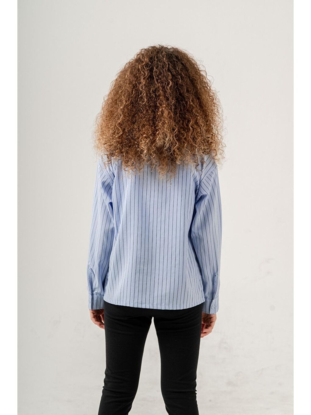 Mavi Kız Çocuk Çizgi Desenli Cep Kemerli Gömlek P1037-4