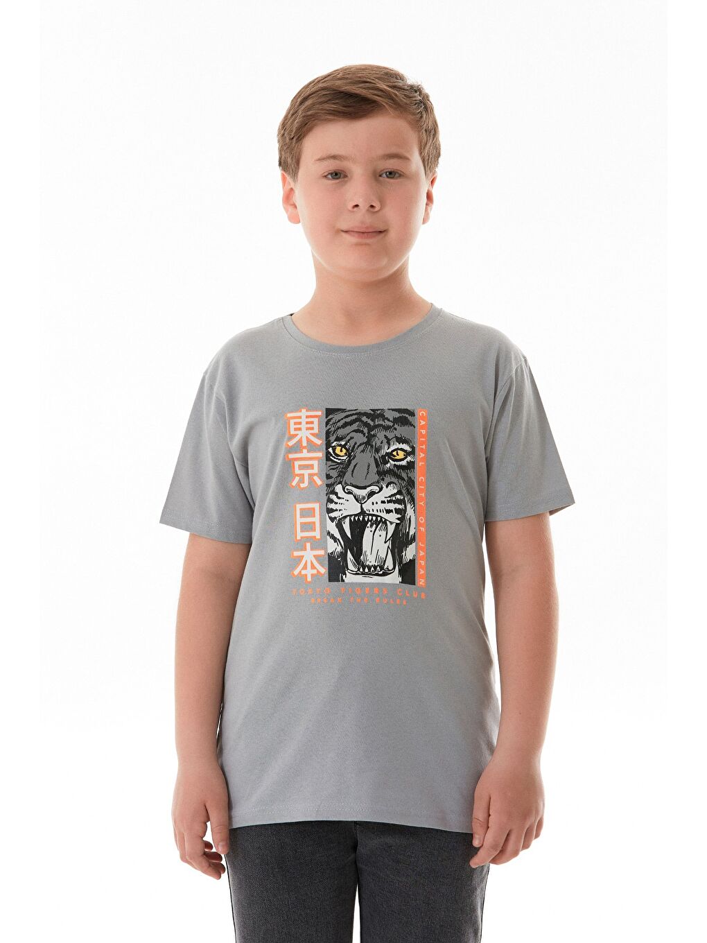 Gri Kaplan Baskılı Erkek Çocuk Tişört