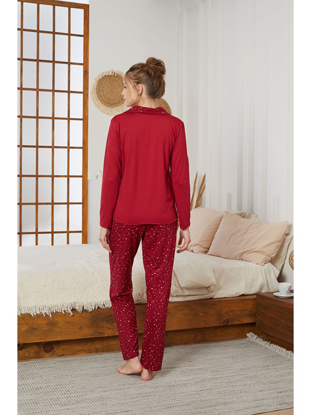 Bordo Yıldız Desenli Gömlek Yaka Düğmeli Milan Örme Pijama Takım25224012-2