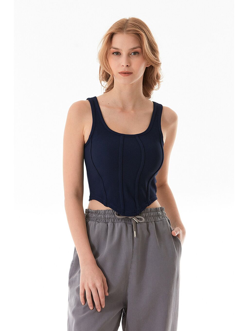 Lacivert Fitilli Dikişli Crop Body