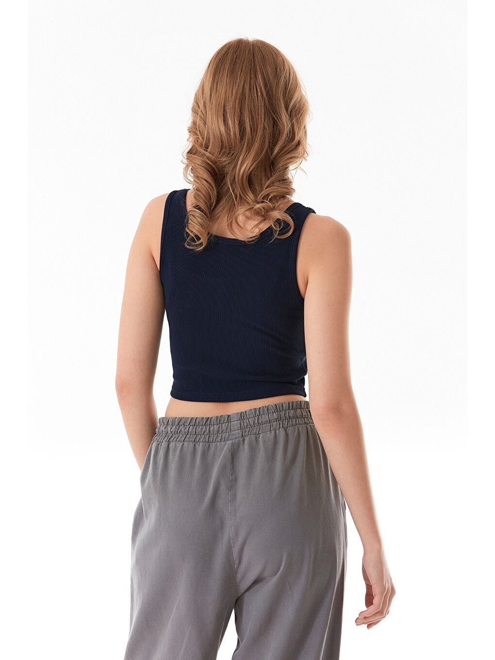 Lacivert Fitilli Dikişli Crop Body-1