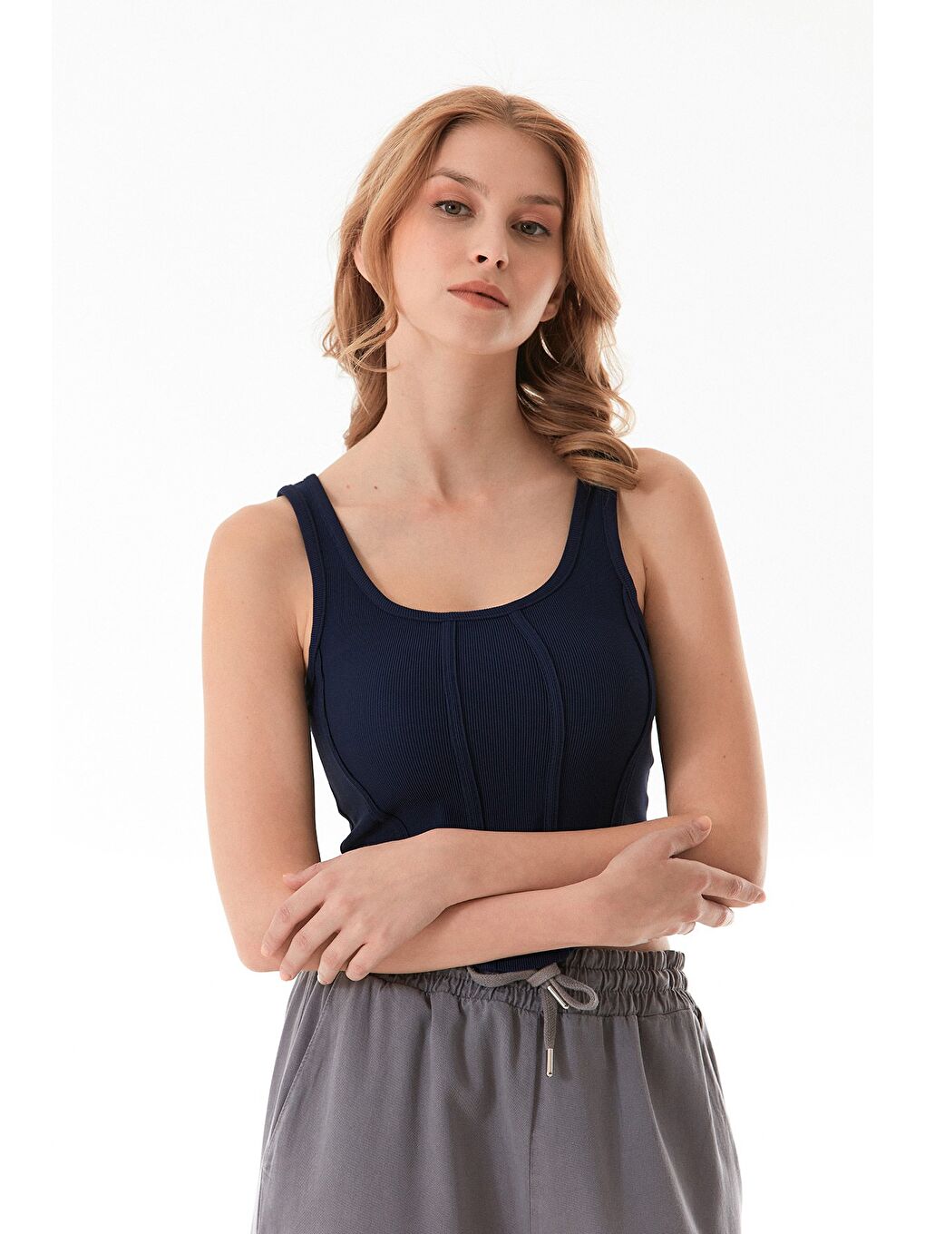 Lacivert Fitilli Dikişli Crop Body-2