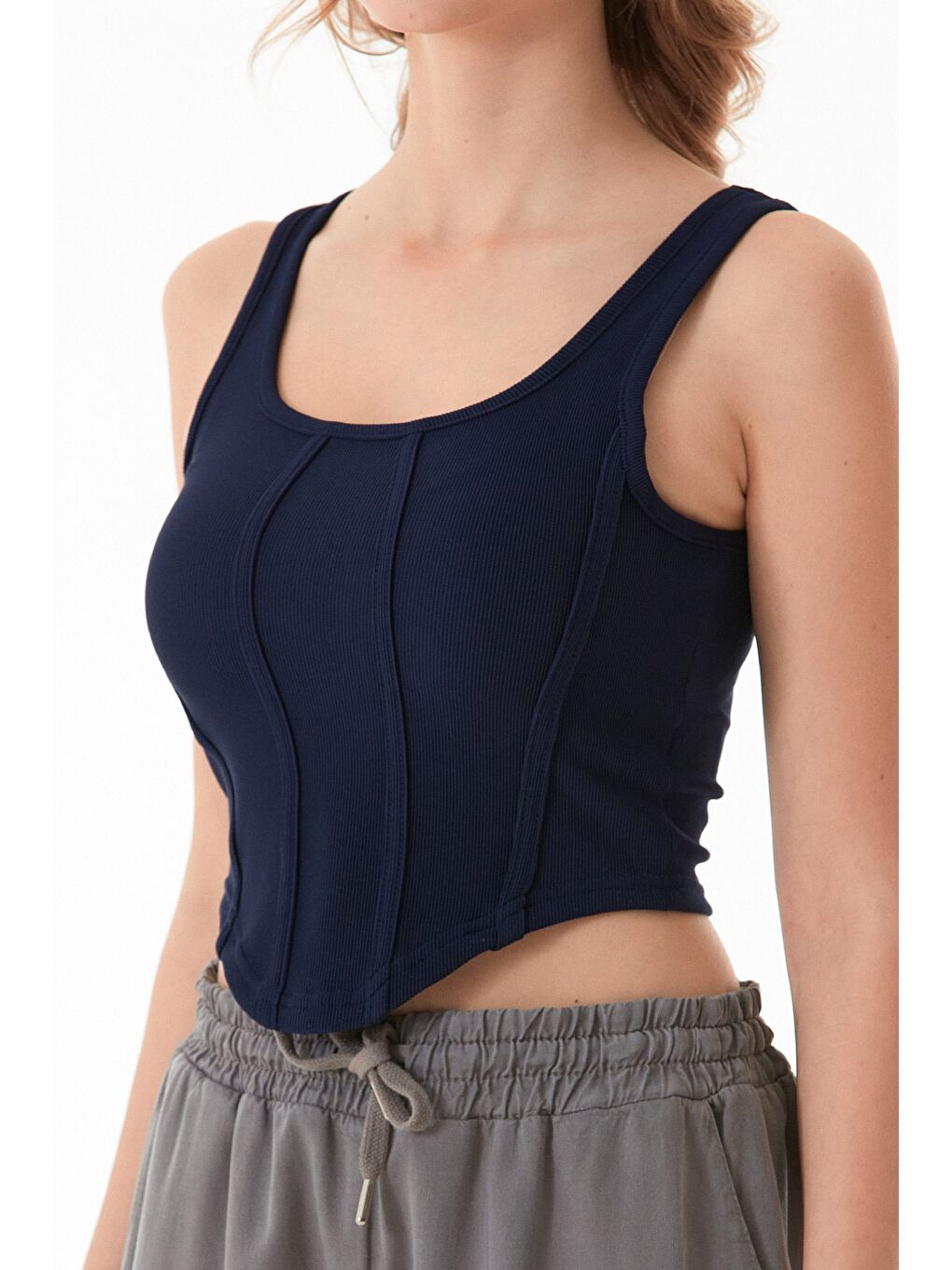 Lacivert Fitilli Dikişli Crop Body-4