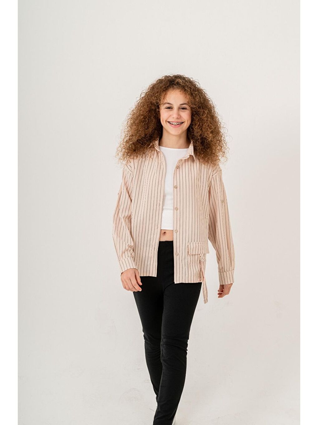 Ekru Kız Çocuk Çizgi Desenli Cep Kemerli Gömlek P1037-1