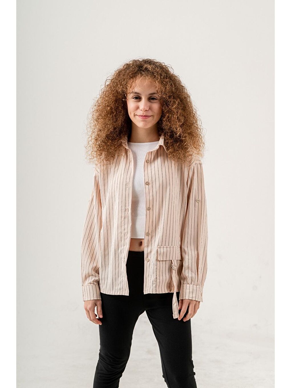 Ekru Kız Çocuk Çizgi Desenli Cep Kemerli Gömlek P1037-3