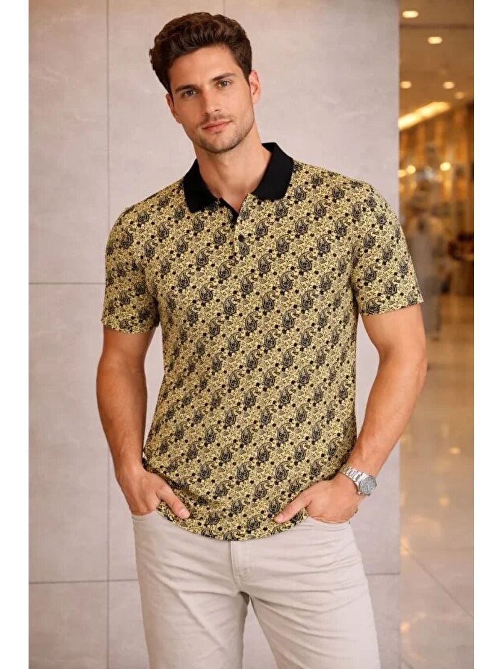 Sarı Erkek Pike Kumaş Polo Yaka Palmiye Desenli Tişört