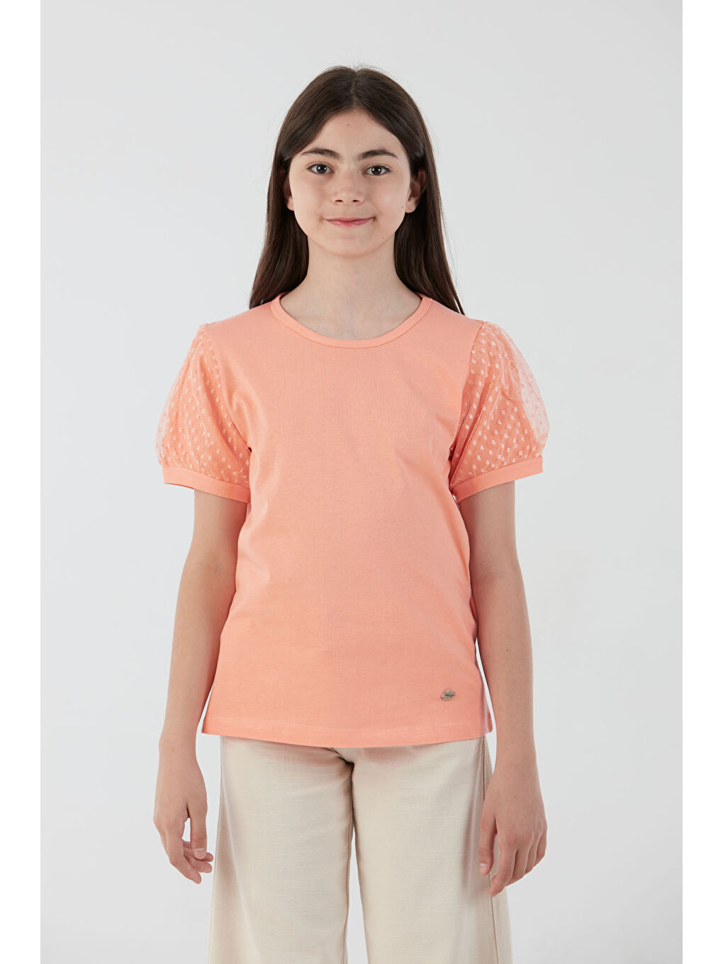 Pembe Basic Kolu Tül Detaylı Kız Çocuk Bluz