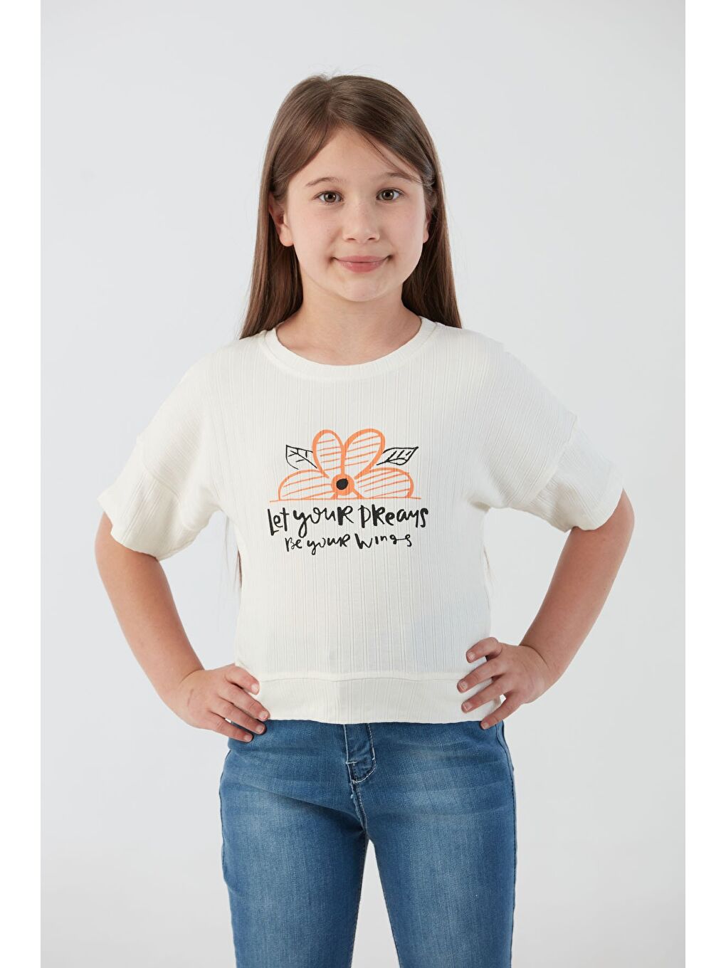 Ekru Fitilli Yazı Baskılı Elastanlı Kız Çocuk Tişört