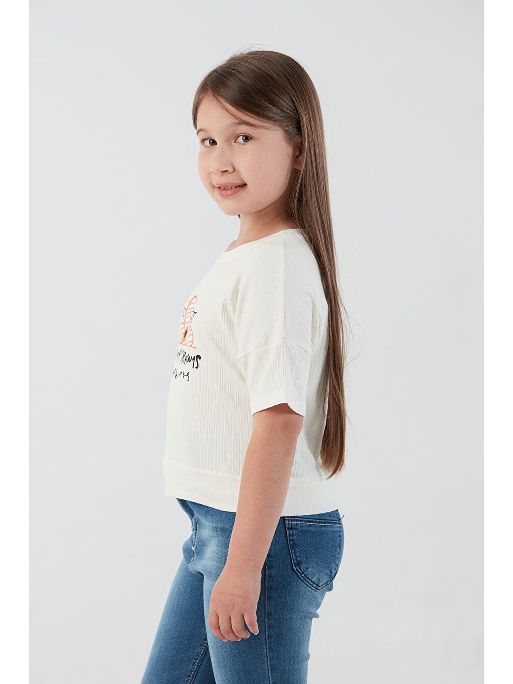 Ekru Fitilli Yazı Baskılı Elastanlı Kız Çocuk Tişört-1