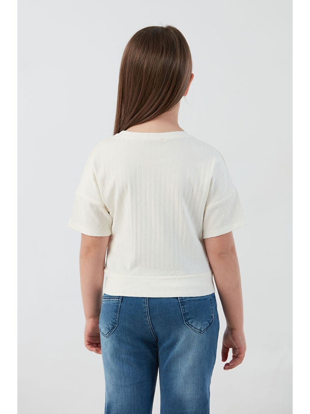 Ekru Fitilli Yazı Baskılı Elastanlı Kız Çocuk Tişört-2