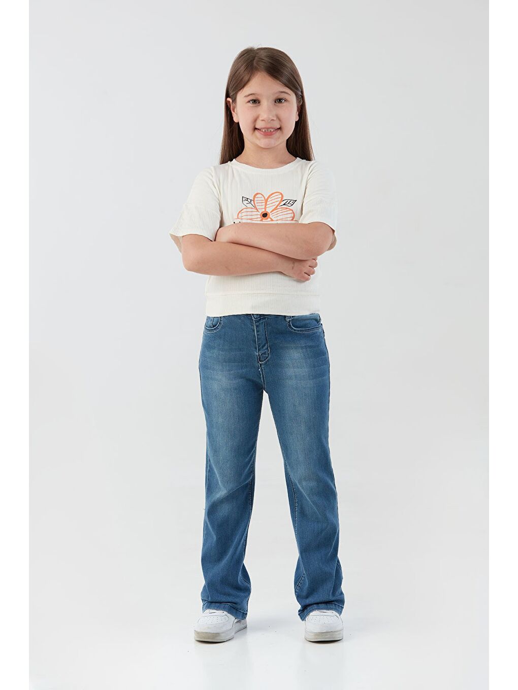 Ekru Fitilli Yazı Baskılı Elastanlı Kız Çocuk Tişört-3