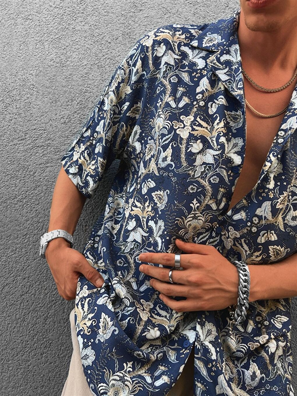 Erkek Desenli Küba Yaka Oversize Gömlek Mavi