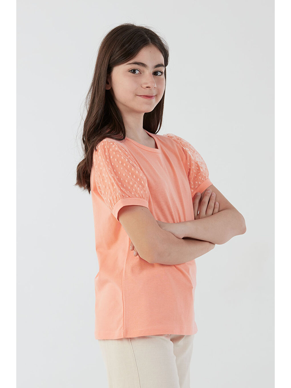 Pembe Basic Kolu Tül Detaylı Kız Çocuk Bluz-1