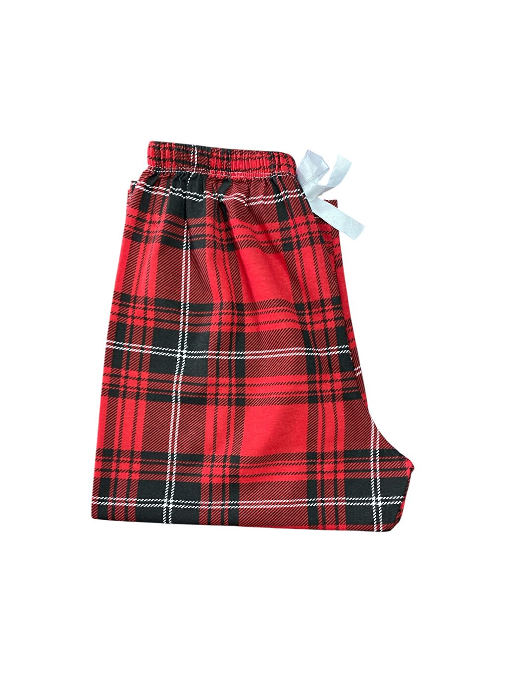 Kadın Kırmızı Ekose Pamuklu Lastikli Rahat Kapri Pijama Altı-4