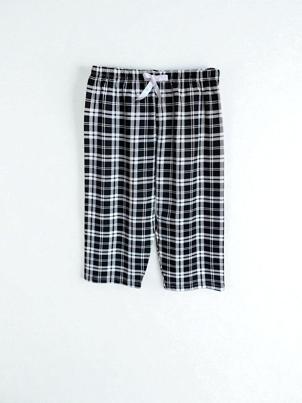 Kadın Siyah Ekose Pamuklu Lastikli Rahat Kapri Pijama Altı