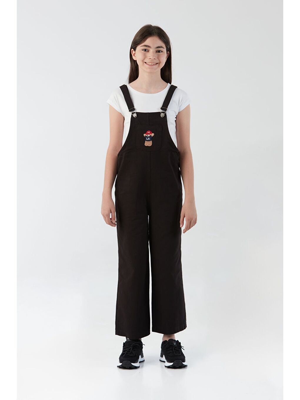 Siyah Ayıcık Nakışlı Cep Detaylı Kız Çocuk Tulum-2