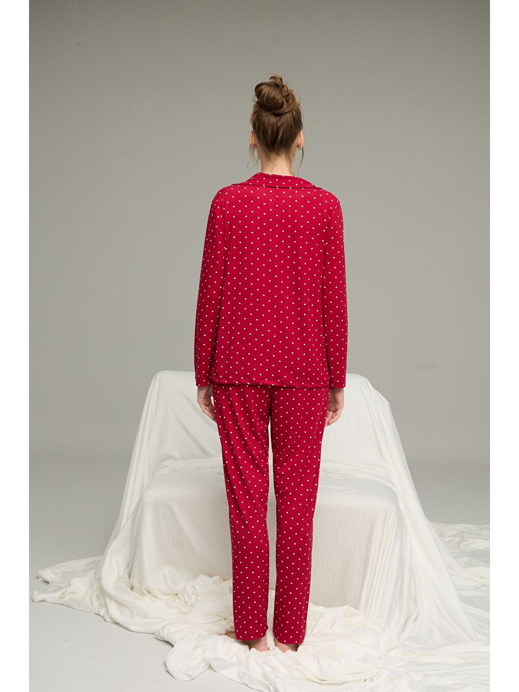 Kırmızı Puan Desenli Gömlek Yaka Düğmeli Milan Örme Pijama Takım25224016-2