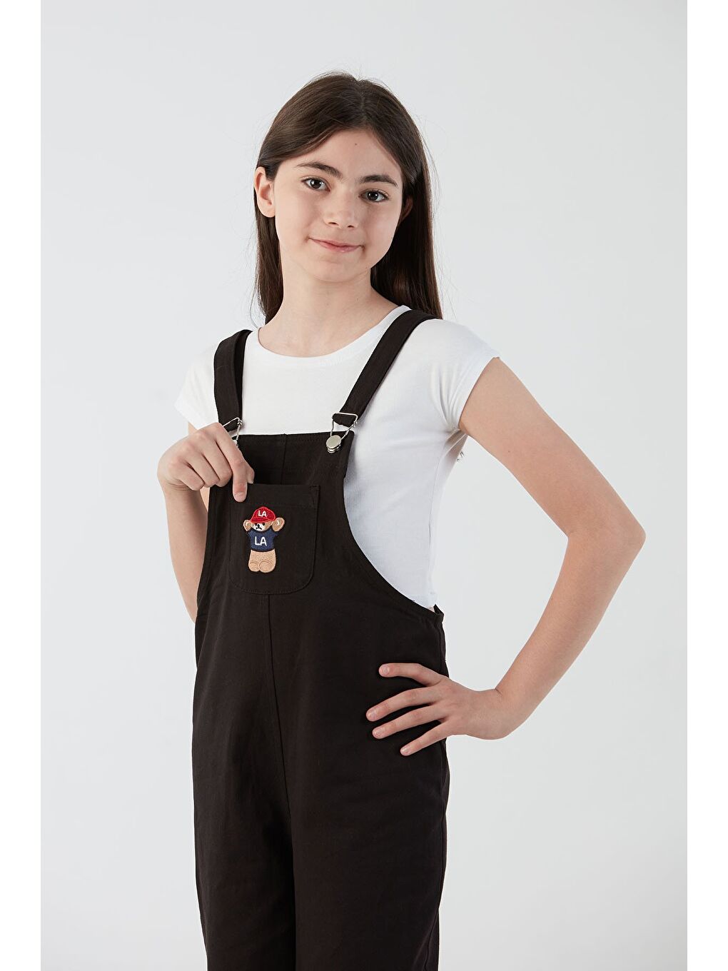 Siyah Ayıcık Nakışlı Cep Detaylı Kız Çocuk Tulum-3