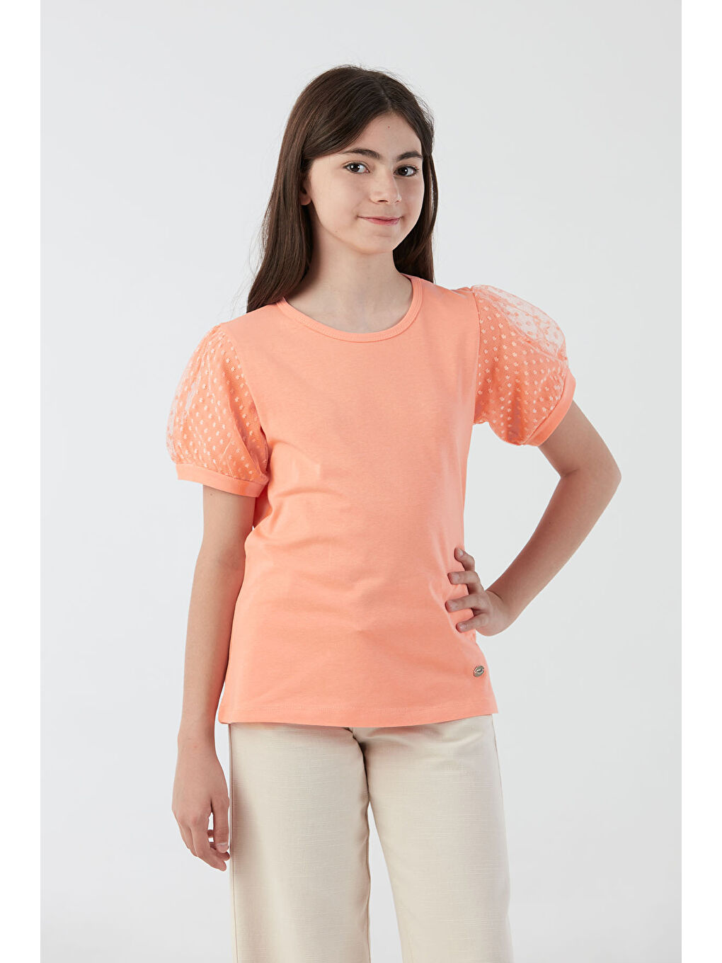 Pembe Basic Kolu Tül Detaylı Kız Çocuk Bluz-3