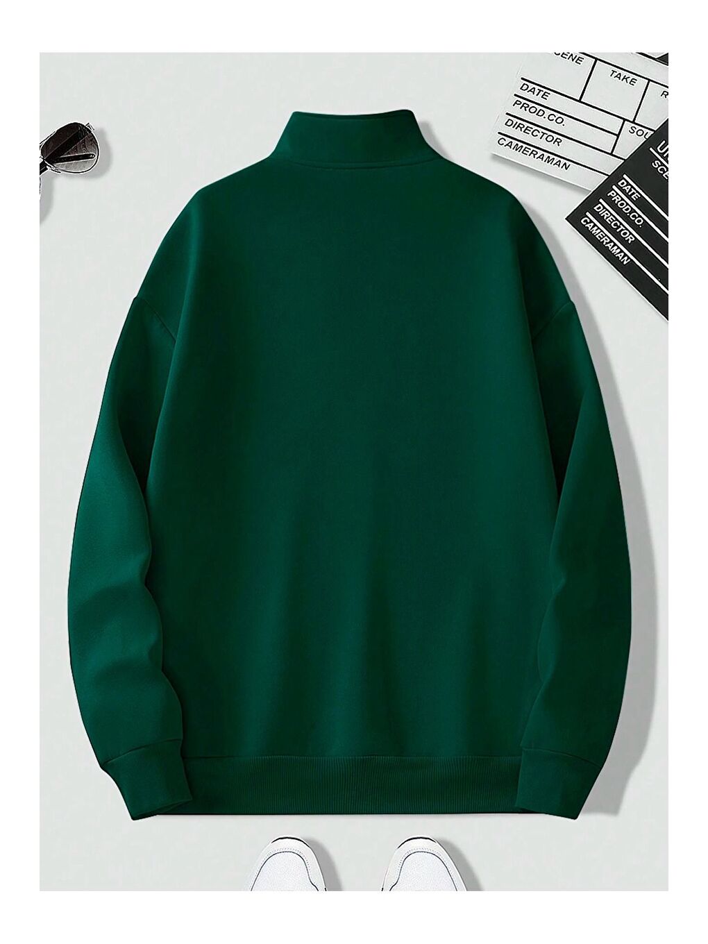 Trendseninle Kadın 3 İplik Nefti Yeşil Metal Fermuarlı Dik Yaka Oversize Sweatshirt - 1