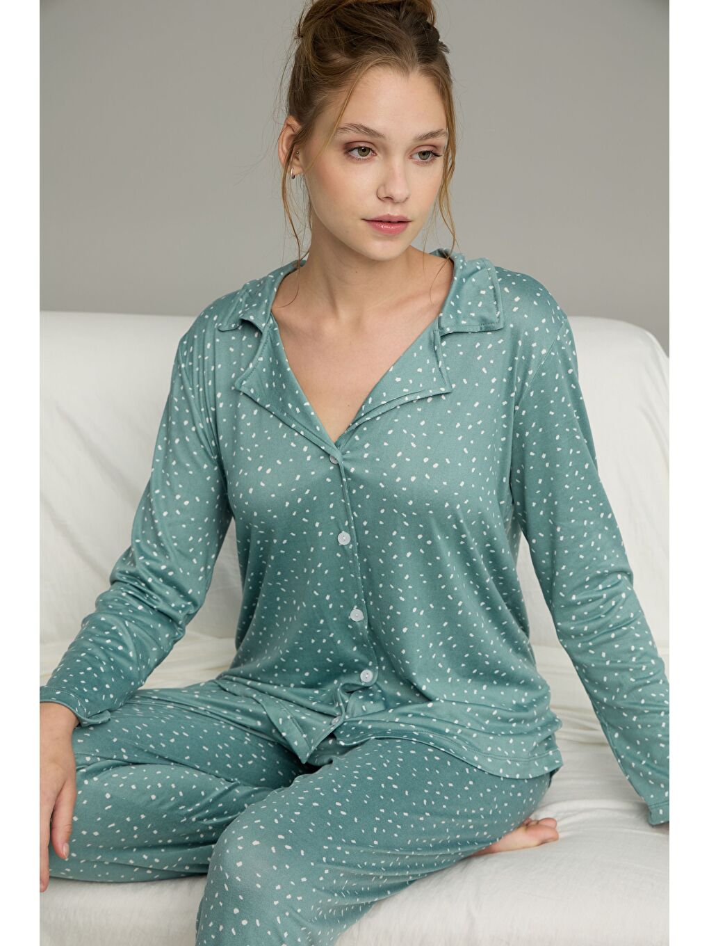 Yeşil Desenli Gömlek Yaka Düğmeli Milan Örme Pijama Takım25224017