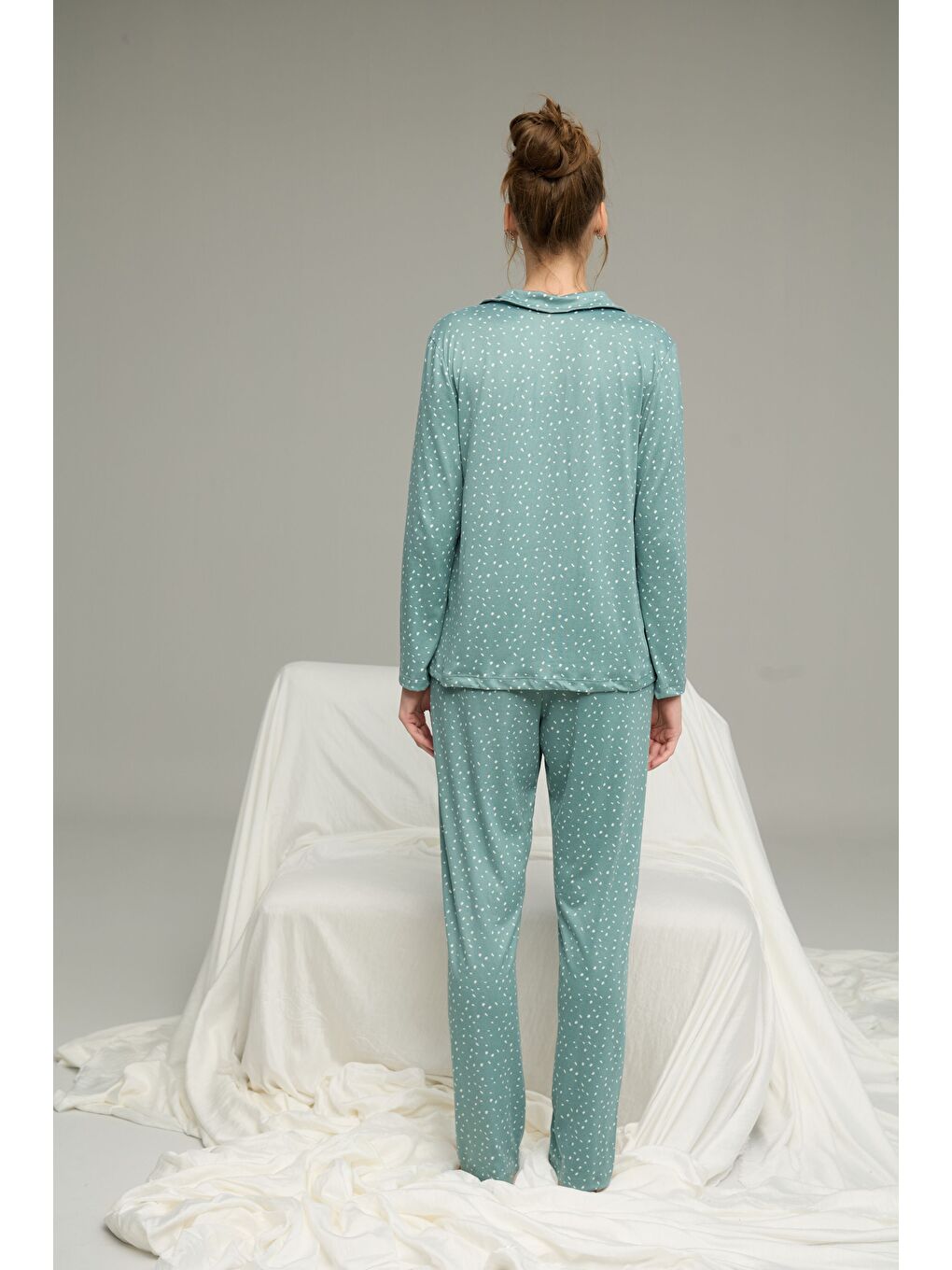 Yeşil Desenli Gömlek Yaka Düğmeli Milan Örme Pijama Takım25224017-2