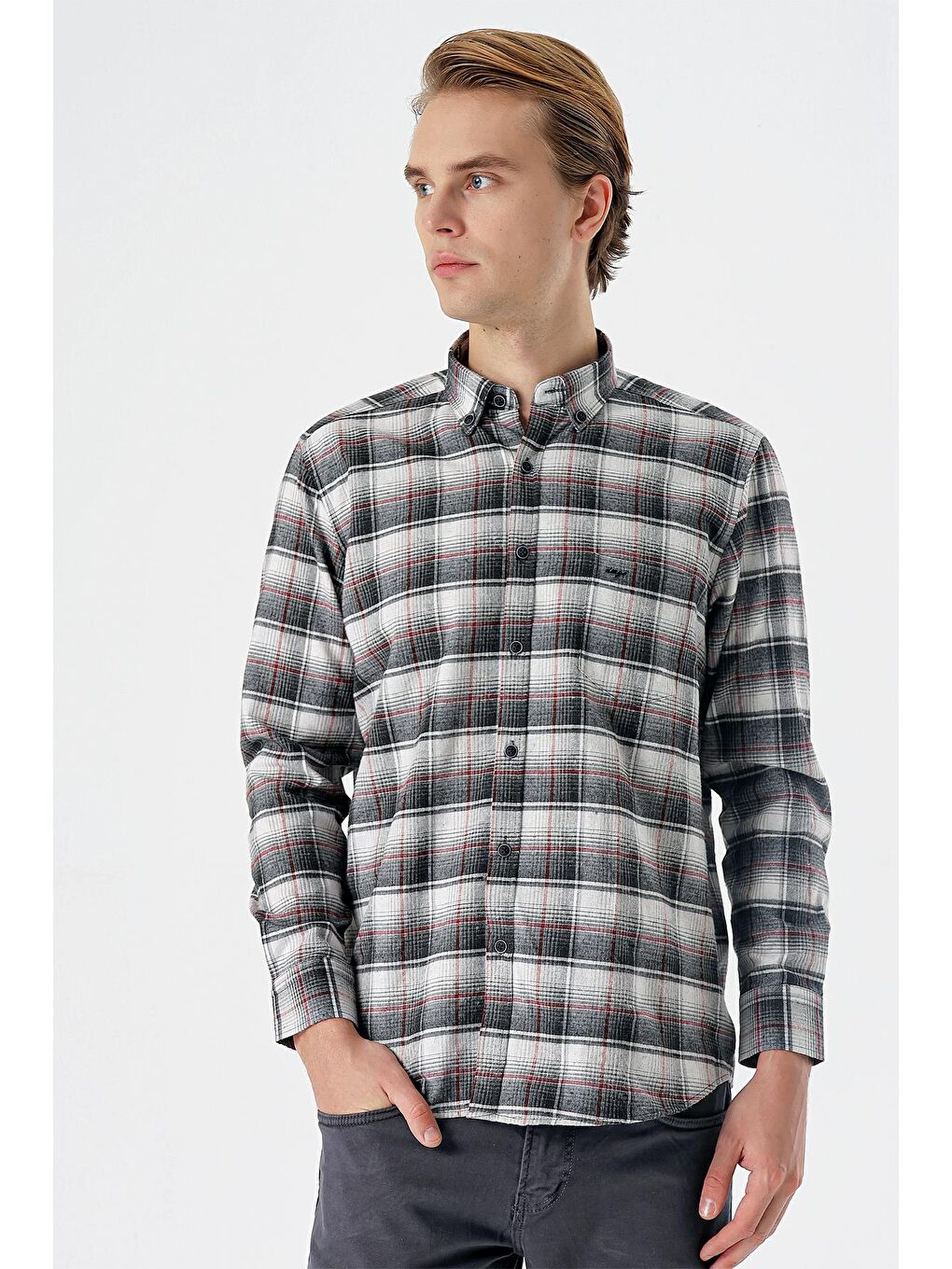 Kırmızı Vişne Uzun Kollu Ekoseli Bez Ayağı Düğmeli Yaka Cepli Pamuklu Comfort Fit Gömlek 1004235173-2