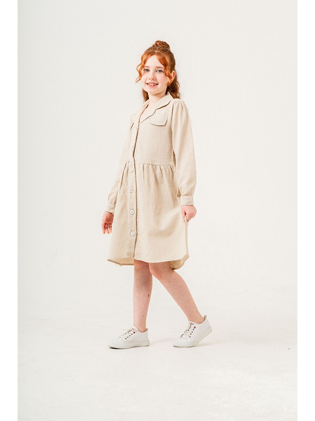 Ekru Kız Çocuk Jüt Pamuklu Elbise P1010-1