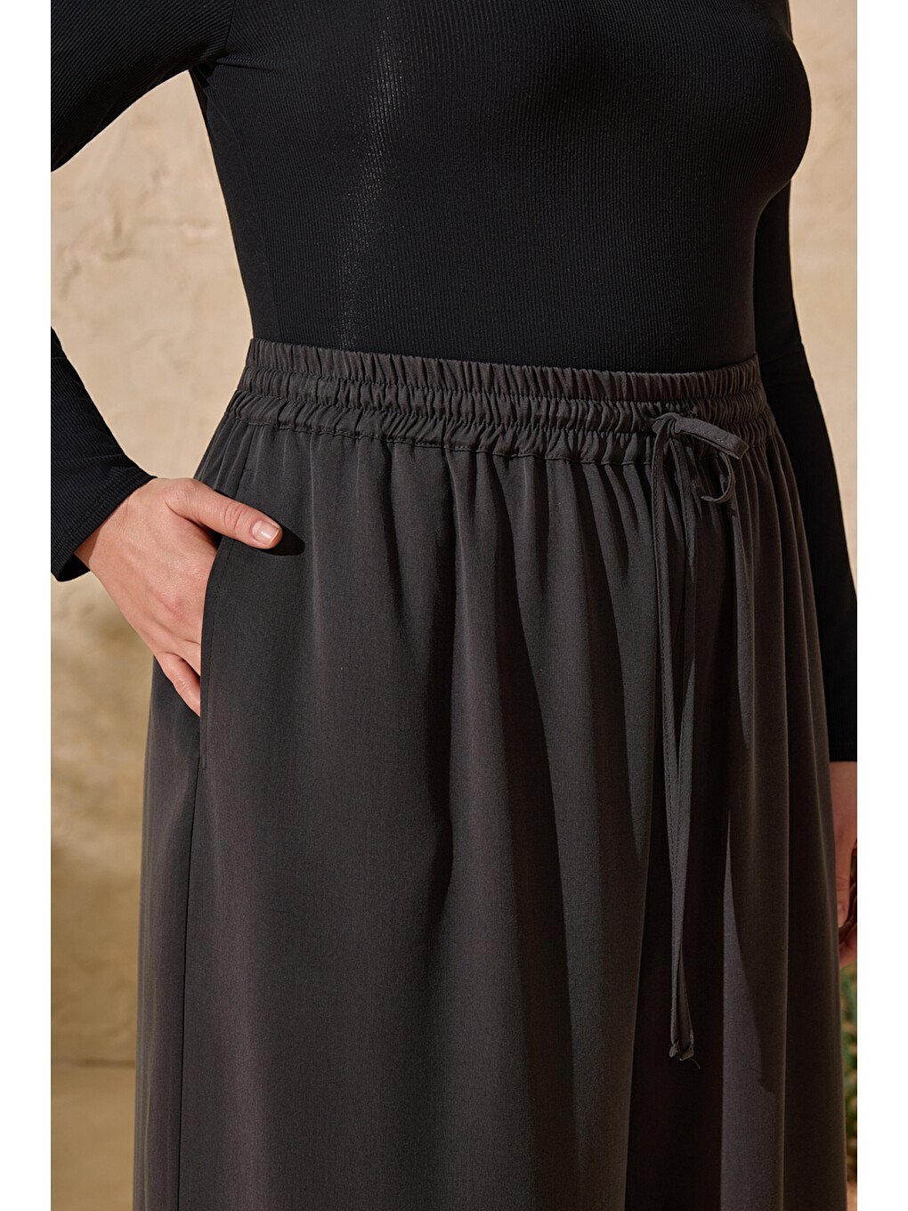 Antrasit Beli Lastik Detaylı Pantolon Etek-4