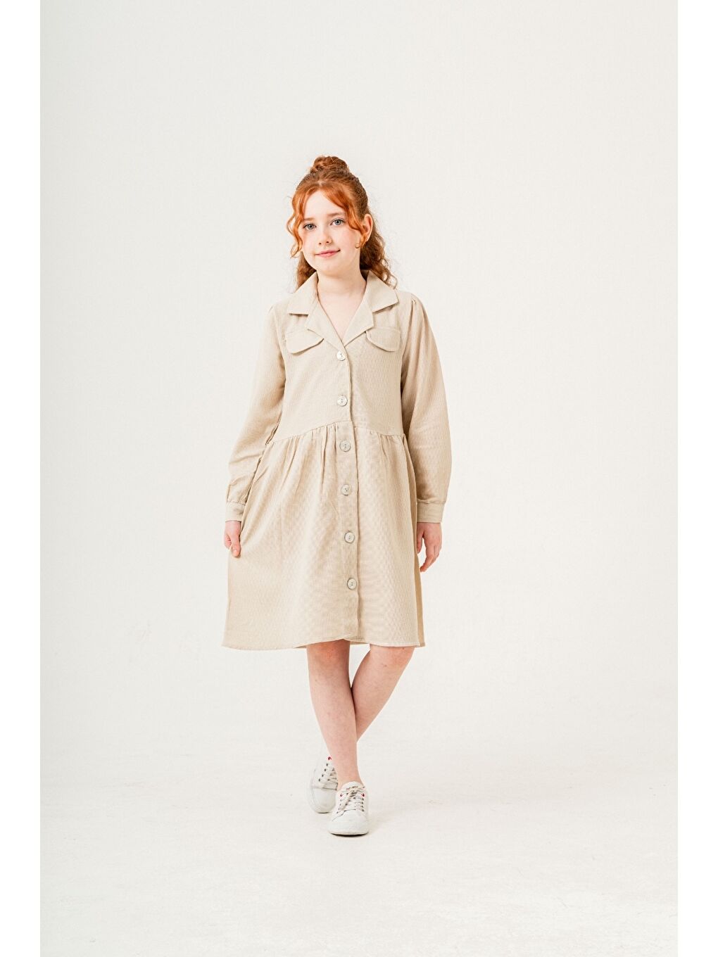 Ekru Kız Çocuk Jüt Pamuklu Elbise P1010-2