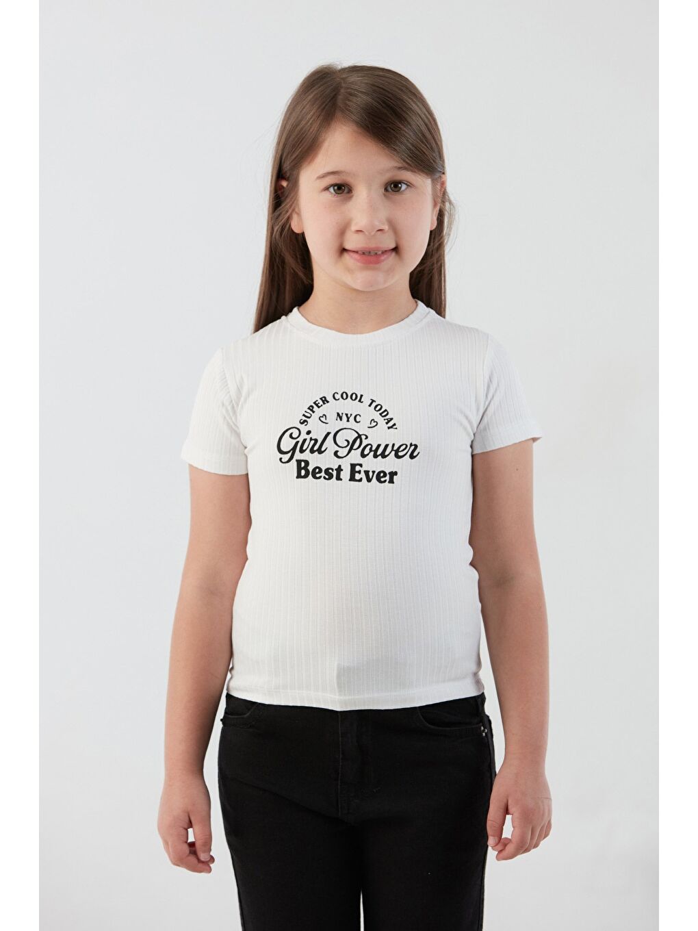 Beyaz Fitilli Girl Power Baskılı Kız Çocuk Bluz
