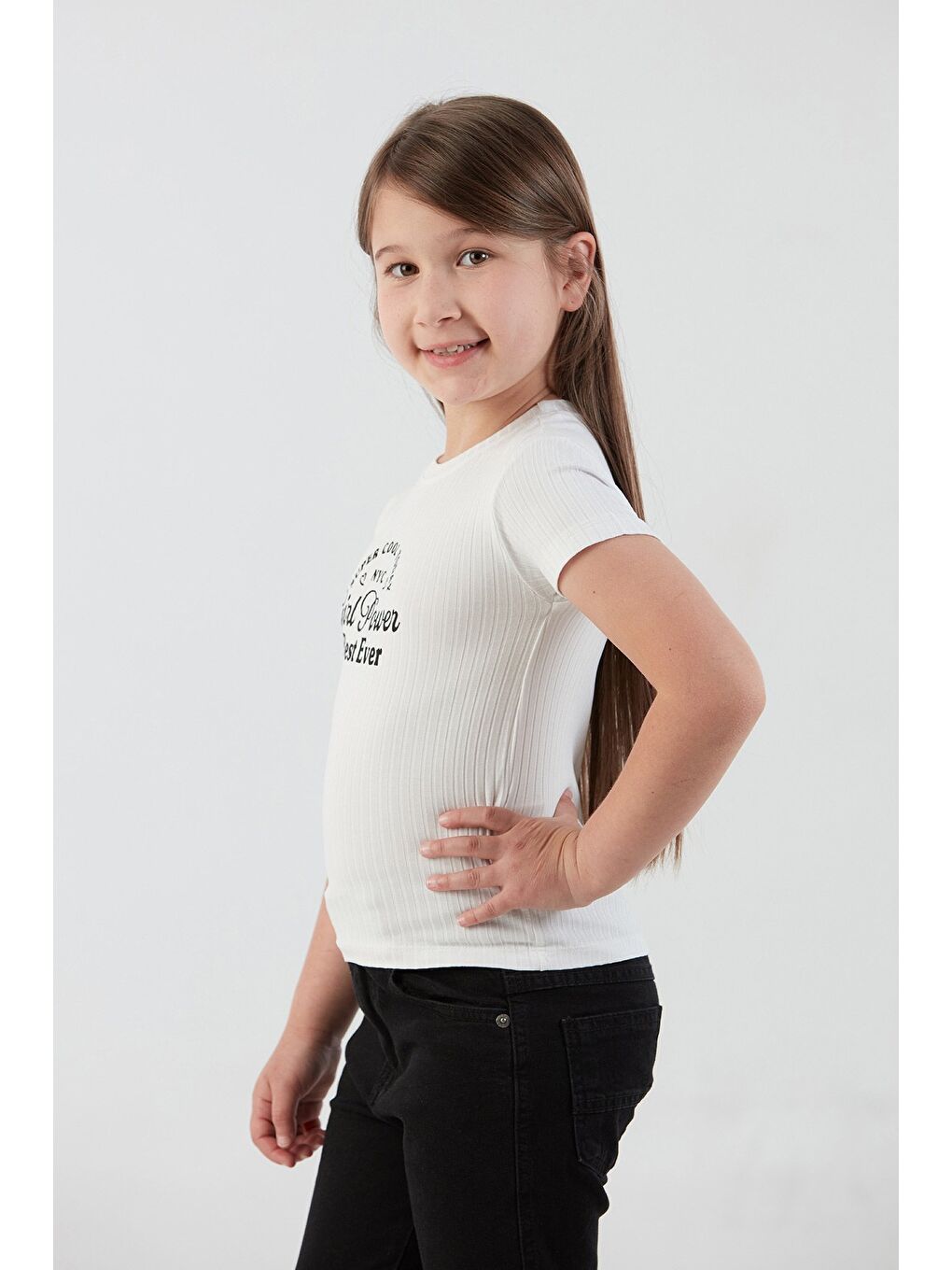 Beyaz Fitilli Girl Power Baskılı Kız Çocuk Bluz-1