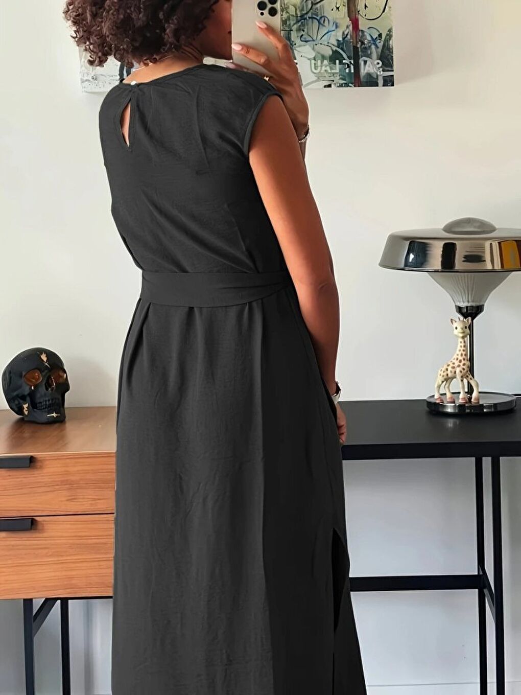 Siyah Kadın Kısa Kollu Yuvarlak Yaka Belden Bağcıklı önden Yırtmaçlı Aerobin Elbise-2