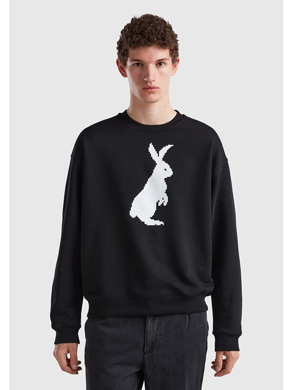 Erkek Siyah %100 Pamuk Tavşan Baskılı Sweatshirt