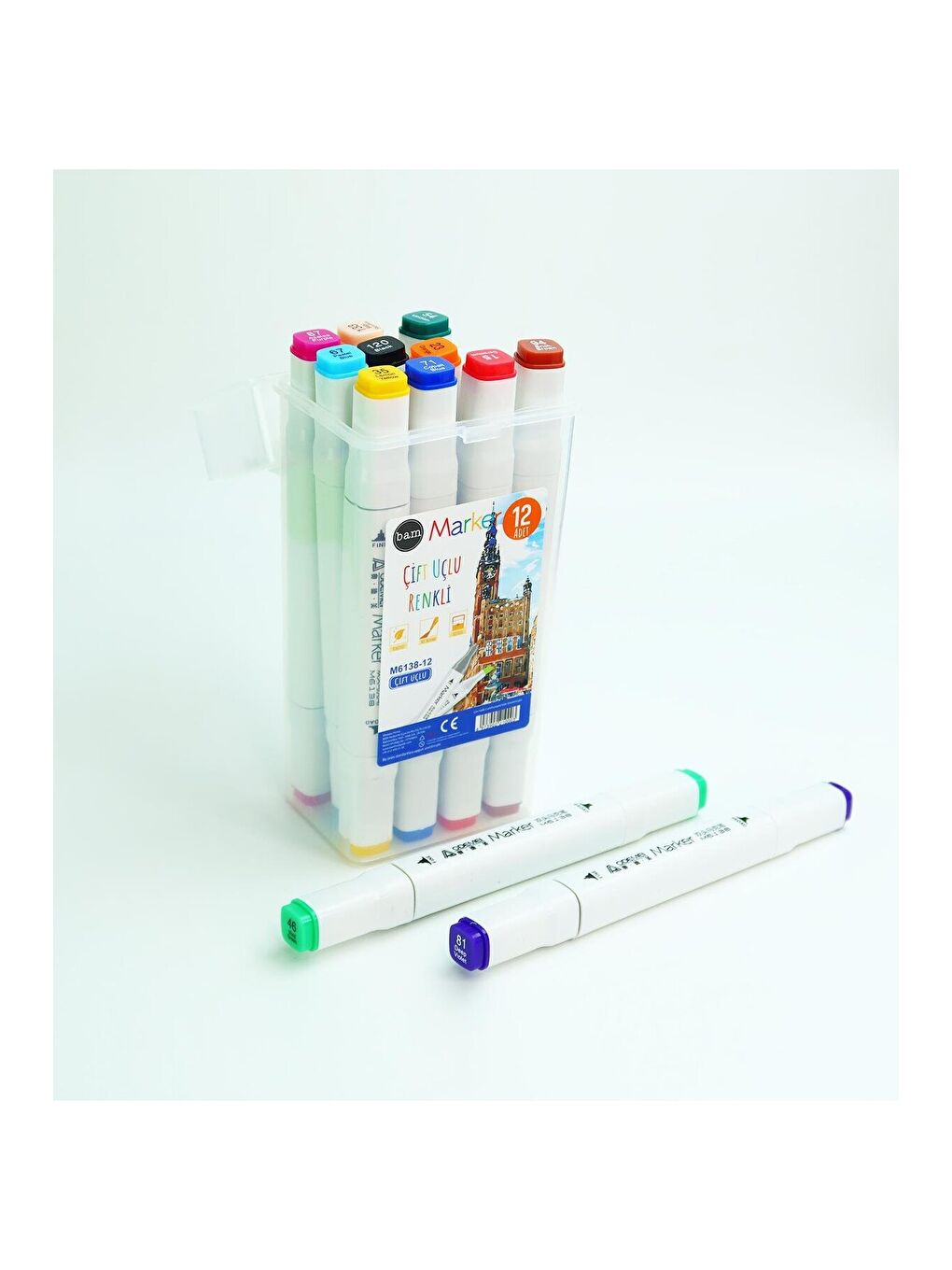Bam Çift Taraflı 12'li Marker Kalem Seti – Taşıma Kutulu-2