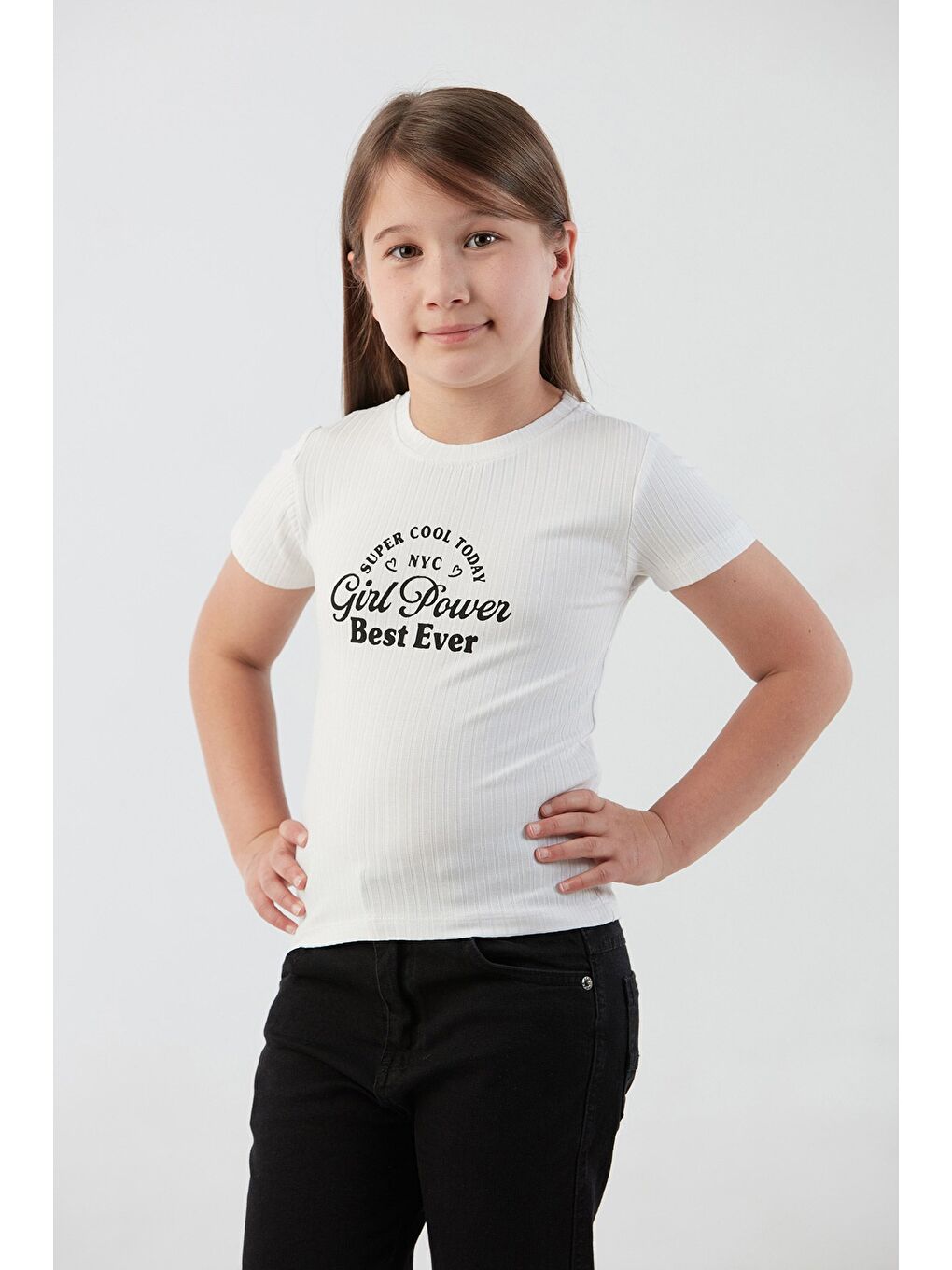 Beyaz Fitilli Girl Power Baskılı Kız Çocuk Bluz-4