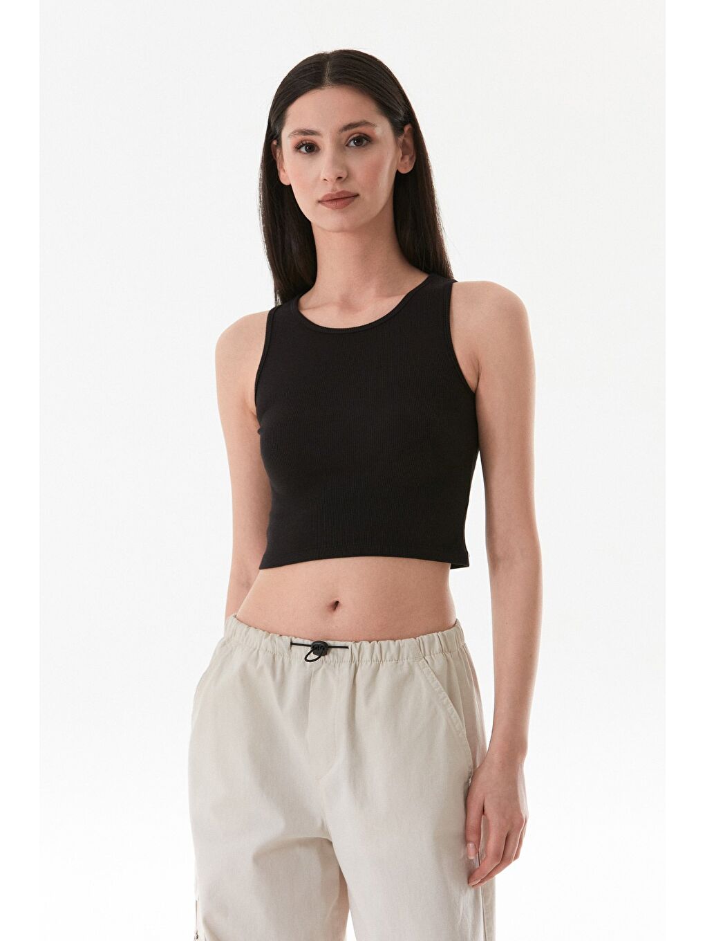 Siyah Basic Fitilli Halter Yaka Modal Body