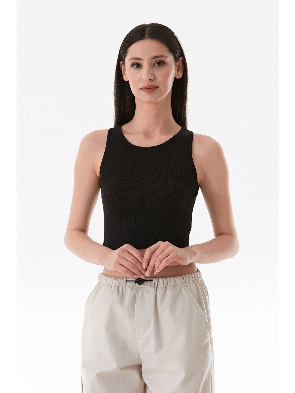 Siyah Basic Fitilli Halter Yaka Modal Body-2