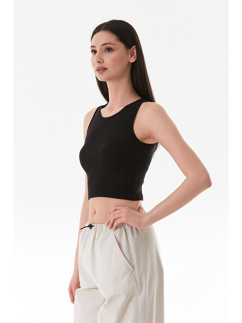 Siyah Basic Fitilli Halter Yaka Modal Body-3