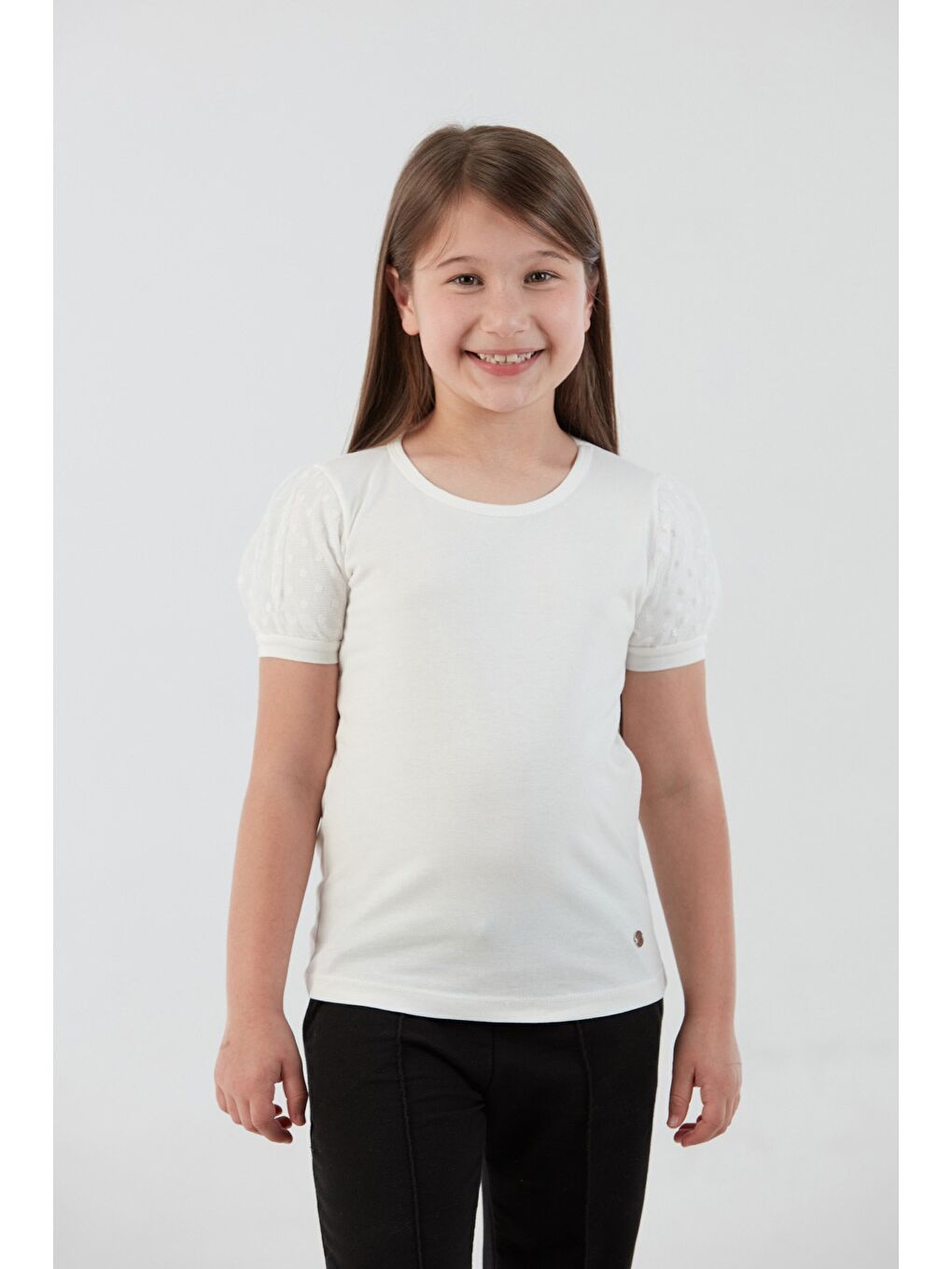 Ekru Basic Kolu Tül Detaylı Kız Çocuk Bluz